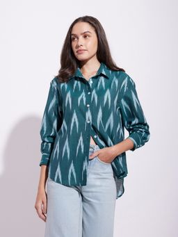Pink Fort - Cotton Relaxed Fit Long Sleeve Collar Neck Ikat Green Shirt