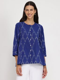 Pink Fort - Cotton Relaxed Fit Three Fourth Sleeves Round Neck Ikat Blue Top