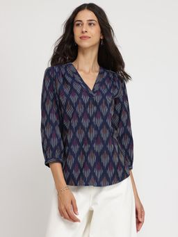 Pink Fort - Cotton Ikat Regular Fit V-Neck Navy Blue Top