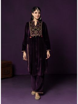 Lakshita - Purple Velvet Thread Work Kurta with Pant