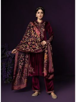 Lakshita - Maroon Velvet Embellished/Sequined Kurta with Pant and Dupatta