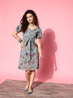 Yufta - Women Dusty Blue Floral A-Line Dress