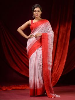 CHARUKRITI - White and Red Cotton Handspun Woven Patterns Saree with Unstitched Blouse