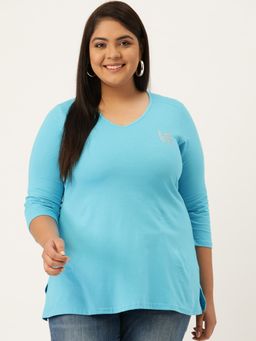 theRebelinme - Plus Size Women Turquoise Blue Solid V-Neck T-Shirt