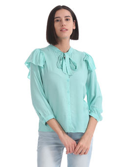 U.S. POLO ASSN. - Turquoise Ruffle Overlay Dobby Top