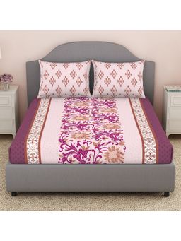Welspun - 100% Cotton Elegant Floral Print Double Bedsheet With 2 Pillow Covers Dark Pink