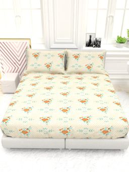 the White Moss - Georgia Printed 210 TC 100% Pure Cotton Queen Bedsheet with 2 Pillow Covers Cream