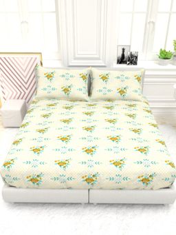 the White Moss - Georgia Printed 210 TC 100% Pure Cotton Queen Bedsheet with 2 Pillow Covers Cream