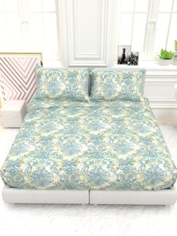 the White Moss - Georgia Printed 210 TC 100% Pure Cotton Queen Bedsheet with 2 Pillow Covers Blue