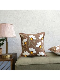 JASMEY HOMES - Embroidered Cushion Cover - Daisy Brown (16x16 Inches)
