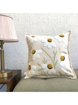 JASMEY HOMES - Embroidered Cushion Cover - Daisy White (16x16 Inches)