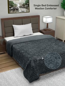 FABINALIV - Dark Grey Floral Mild Winter 500 GSM Embossed Woollen Single Bed Comforter