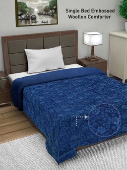 FABINALIV - Navy Blue Floral Mild Winter 500 GSM Embossed Woollen Single Bed Comforter