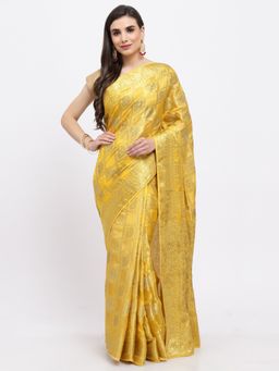 KISHORI - Women Zari Weaving Silk Saree & Blouse Yellow with Unstitched