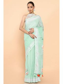 Soch - Women Green Linen Floral Saree with Unstitched Blouse