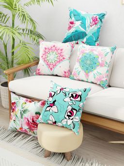 BIANCA - Multi-Color Floral Designer Reversible Printed Silk Linen Cushion Covers (Set of 5)
