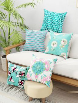 BIANCA - Green Floral Designer Reversible Printed Silk Linen Cushion Covers (Set of 5)