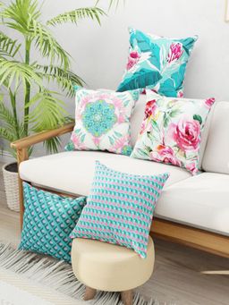 BIANCA - Green Floral Designer Reversible Printed Silk Linen Cushion Covers (Set of 5)