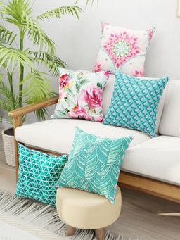 BIANCA - Green Floral Designer Reversible Printed Silk Linen Cushion Covers (Set of 5)