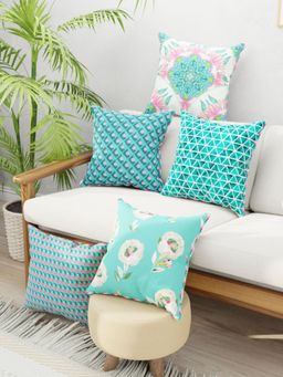 BIANCA - Green Floral Designer Reversible Printed Silk Linen Cushion Covers (Set of 5)