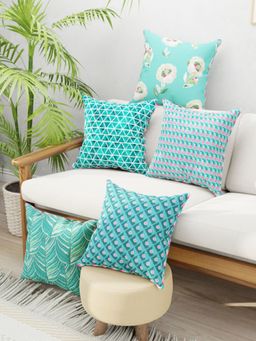 BIANCA - Green Floral Designer Reversible Printed Silk Linen Cushion Covers (Set of 5)