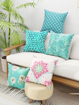 BIANCA - Green Floral Designer Reversible Printed Silk Linen Cushion Covers (Set of 5)