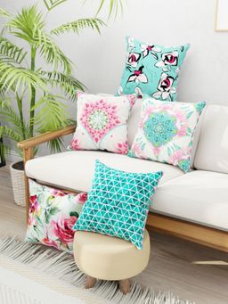 BIANCA - Green Floral Designer Reversible Printed Silk Linen Cushion Covers (Set of 5)