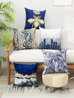 BIANCA - Navy Blue Graphic Designer Reversible Printed Silk Linen Cushion Covers (Set of 5)