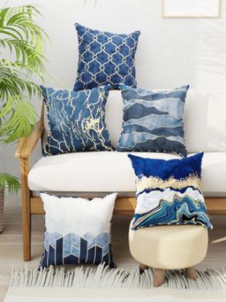 BIANCA - Navy Blue Graphic Designer Reversible Printed Silk Linen Cushion Covers (Set of 5)