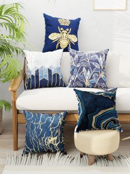 BIANCA - Navy Blue Graphic Designer Reversible Printed Silk Linen Cushion Covers (Set of 5)