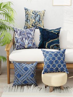 BIANCA - Navy Blue Graphic Designer Reversible Printed Silk Linen Cushion Covers (Set of 5)
