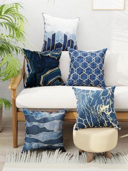 BIANCA - Navy Blue Graphic Designer Reversible Printed Silk Linen Cushion Covers (Set of 5)