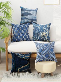 BIANCA - Navy Blue Graphic Designer Reversible Printed Silk Linen Cushion Covers (Set of 5)