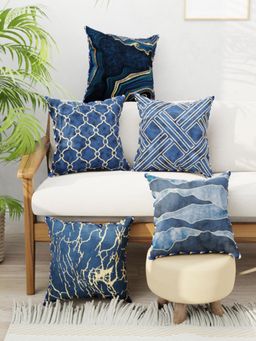 BIANCA - Navy Blue Graphic Designer Reversible Printed Silk Linen Cushion Covers (Set of 5)