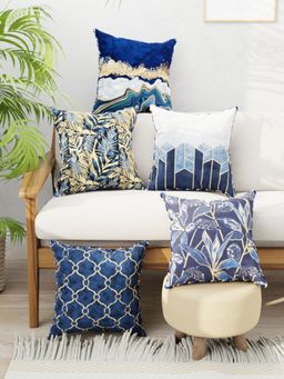 BIANCA - Navy Blue Abstract Designer Reversible Printed Silk Linen Cushion Covers (Set of 5)
