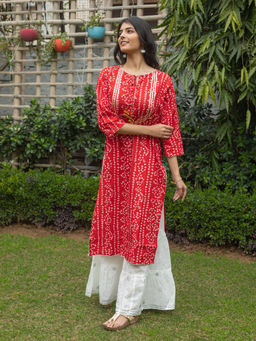SVARCHI - Cotton Bandhej Print Straight Kurta Sharara-Red (Set of 2)