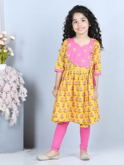 Kinder Kids - Yellow Floral Angrakha & Embroidered Yoke With Pink Leggings (Set of 2)
