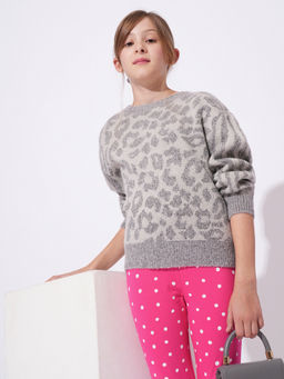 VERO MODA - Girls Grey Self Design Relaxed Fit Pullover Sweater