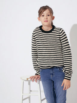 VERO MODA - Girls Off White Self Design Relaxed Fit Pullover Sweater