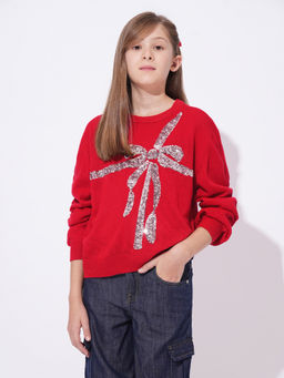 VERO MODA - Girls Red Sequins Relaxed Fit Pullover Sweater