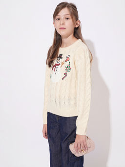 VERO MODA - Girls Beige Embroidery Relaxed Fit Pullover Sweater