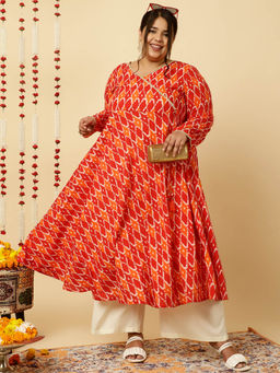 Jaipur Kurti - Plus Size Red Ikat Printed Angrakha Kurta
