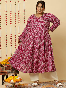 Jaipur Kurti - Plus Size Purple Ikat Printed Angrakha Kurta