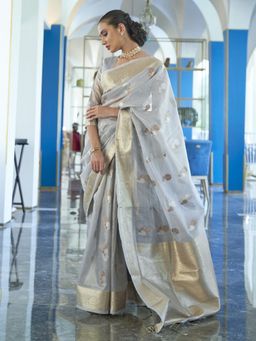 Akhilam - Women Silk Blend Blue Woven Design Designer Saree with Blouse Piece