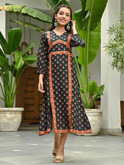 Rustorange - Emerald Green Printed Front Slit Dress