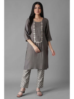 Aurelia - Grey Embroidered Solid Straight Kurta Trousers (Set of 2)