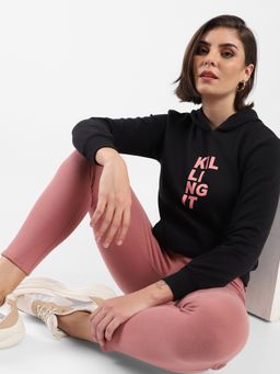 Campus Sutra - Women Black Printed Regular Fit Sweatshirt with Hooded Neck for Winterwear