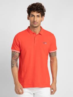 Spykar - Men Deep Coral Cotton Slim Fit Plain Polo Neck T-Shirt