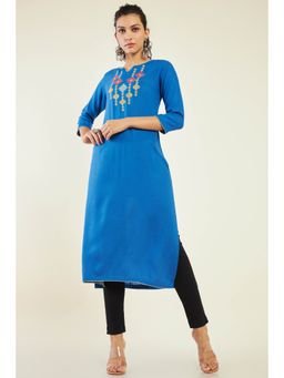 Soch - Women Blue Rayon Embroidered Kurta