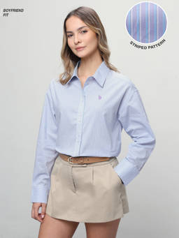 U.S. POLO ASSN. - Women Purple Vertical Striped Boyfriend Fit Shirt